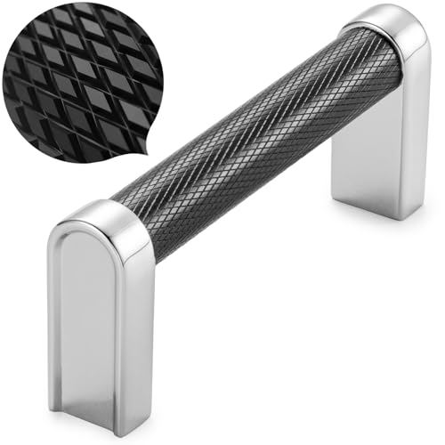 KOOFIZO Black and Chrome Cabinet Pulls, 10-Pack Knurled Cabinet Handles, 3 Inch Screw Spacing, P28 Hardware for Kitchen Cupboard Door, Bedroom Dresser Drawer, Bathroom Furniture