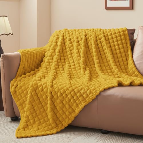 Image of BEDELITE Mustard Yellow Checked Fleece Throw Blanket for Couch, 50x70 Inch