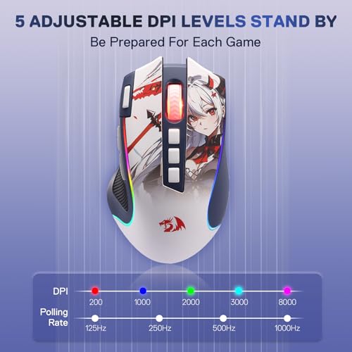 Image of Redragon M612AK PRO RGB Anime Gaming Mouse, 8000 DPI Wired /Wireless Optical Mouse with 9 Programmable Buttons & 7 Backlit Modes, BT & 2.4G Wireless, Software Supports DIY Keybinds Rapid Fire Button