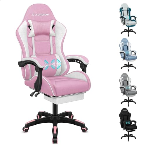 ELFORDSON Gaming Chair with 2-Point Massage Lumbar Support, High Back Reclining Computer PC Game Chair with Headrest & Footrest, 360° Swivel Office Racing Chair, Fabric Pink, for Playroom Esports