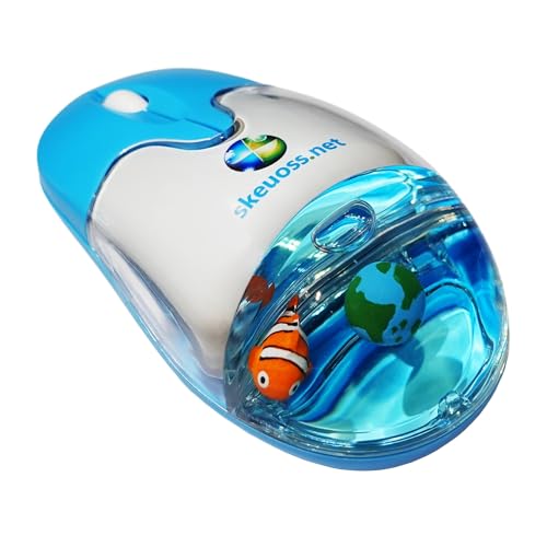 Skeuoss Frutiger Aero Aqua Mouse - Clear Blue USB-C Rechargeable Wireless & Bluetooth Optical Retro Computer Mouse with Liquid Water Section and Floaters (Globe Clownfish)