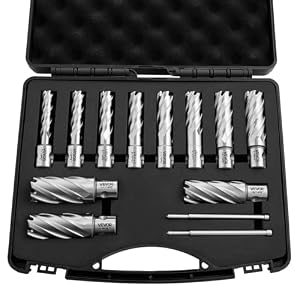 VEVOR HSS-Kernbohrer Weldon-Schaft 13-tlg. Magnetbohrer 11, 11–26, 98 mm Schnittdurchmesser, 11 Bohrer mit 2 Zentrierstiften, 50, 8 mm Schnitttiefe, Kunststoffkoffer, für Magnetbohrmaschinen, Stahl