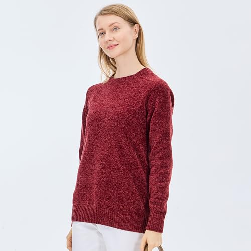Image of Simple&Opulence Women's Chenille Sweater Crewneck Long Sleeve Pullover Ribbed Cuff Hem Round Neck Jumper Tops