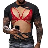 Camisetas divertidas para hombre con estampado 3D en el pecho, camisetas casuales de manga corta, cuello redondo, diseño gráfico, camisetas novedosas de Halloween, Negro, 3XL