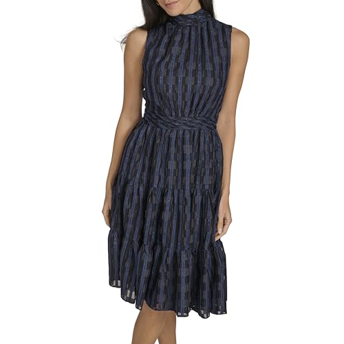 Image of Calvin Klein Women's Sleeveless Mock Neck Smocked Knee Length Fit & Flare Dress