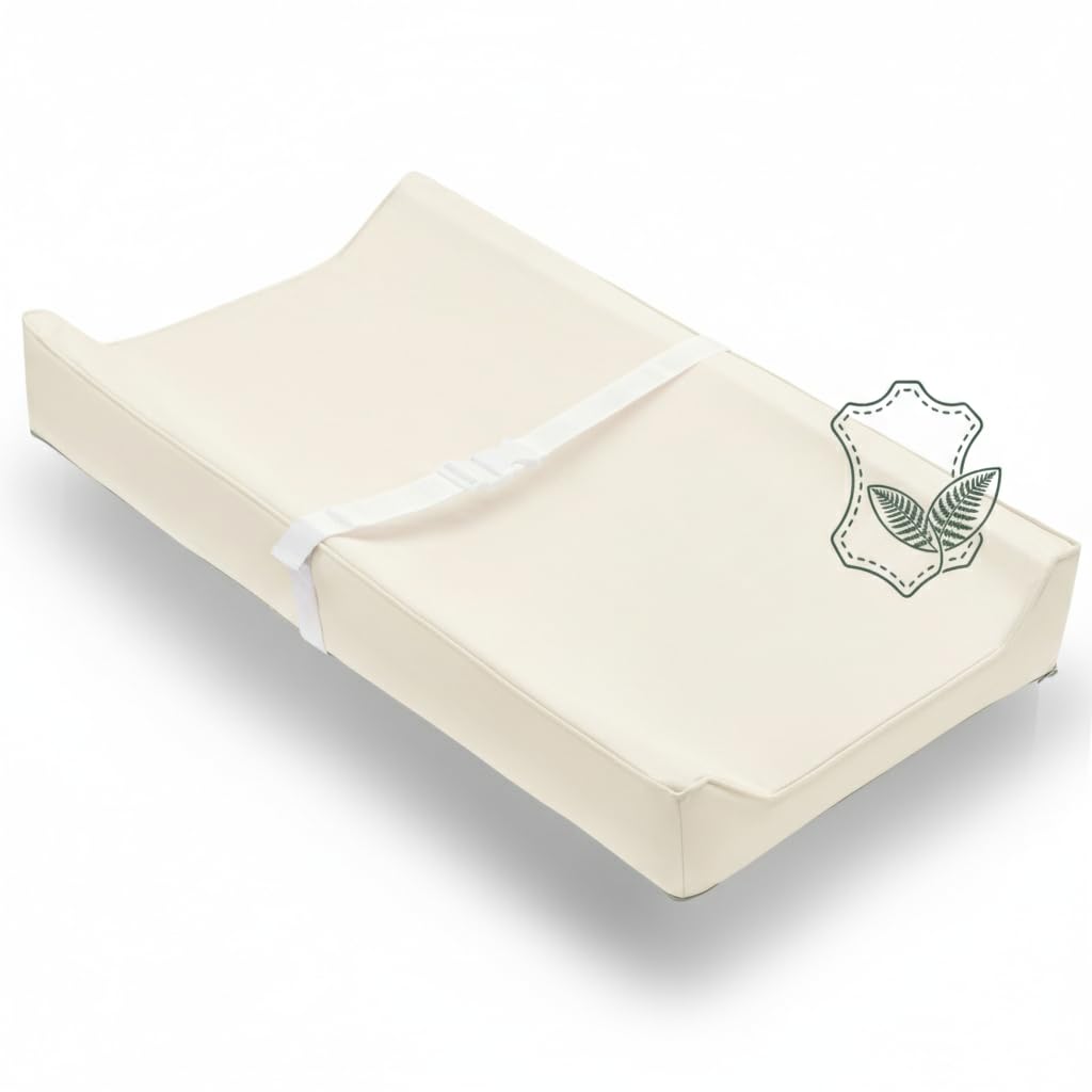 vegan leather contoured baby changing pad | waterproof & wipe-clean pu leather diaper change mat, soft, wipeable cover, safety strap, non-slip bottom, topper for standard infant diaper table & dresser