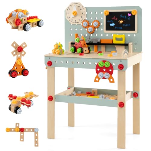 HOMASIS Banco degli Attrezzi Bambini in Legno, Officina Meccanica con Set di Utensili e Spazio di Stoccaggio, Tavolo da...