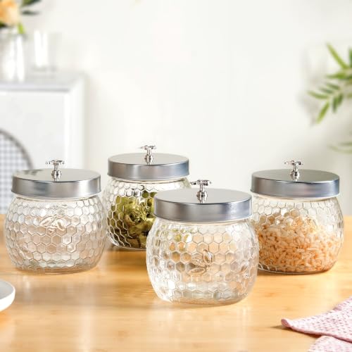Image of Nestasia Set of 4 Glass Jars with Metal Lid (900ml Each) | Airtight Durable & 100% Food Safe Glass Container for Kitchen Storage - Ideal for Pickle, Dry Fruits, Pulses & Snacks (Honeycomb Design)