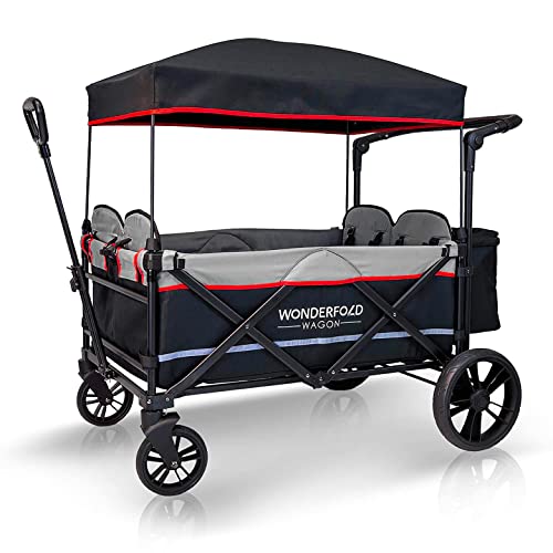 WONDERFOLD X4 Multi-Function Pull & Push 4 Passenger Quad Stroller Wagon with Removable Canopy, 5-Point Harness, and Reflective Safety Strip (Black, 4 Seats)
