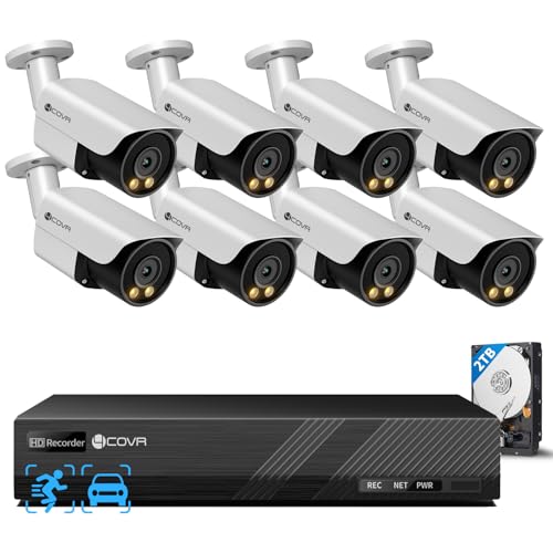 4COVR 4K PoE Security Camera System 8CH, 2-Way Audio & Smart Color Night Vision, 8X 8MP PoE IP Bullet Cameras, AI Human/Vehicle Detection, IP67 Weatherproof, 2TB NVR, 24/7 Recording, LY37YX8
