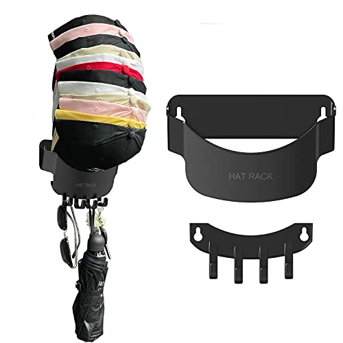 Organizador de sombreros de pared con 4 ganchos, 20 tapas de bolas, compacto, soporte para sombreros y organizador de tapas de béisbol de pared, gancho para pared, puerta o armario Cover