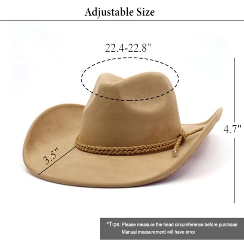 Image of Western Cowboy Hat for Women Men Wide Brim Cowboy Hat for Women with Woven Buckle Belt Suede Classic Fedora Hats