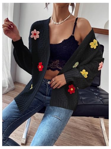Image of Milumia Women's Floral Knit Open Front Long Sleeve Loose Sweater Cardigan Black X-Small