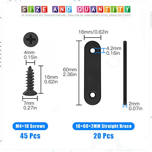 Glarks 20 Sets 60mm Flat Straight Corner Brace Black Metal Joint Plate Connector Repair Fixing Bracket with 45Pcs Screws for Wood Furniture (60x2mm) - Image 2