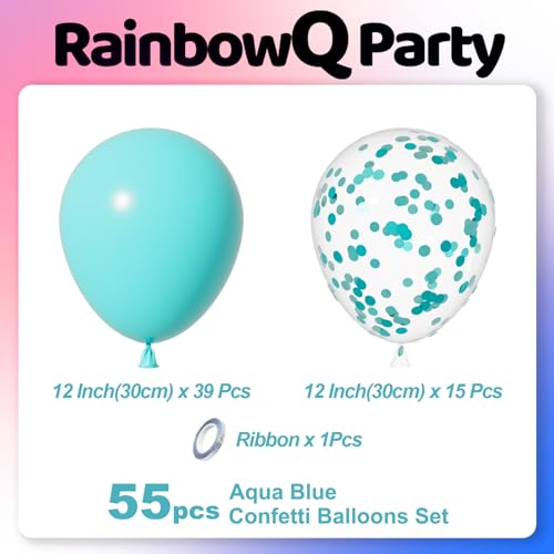 Image of Teal Latex Balloons: 55Pcs 12 inch Turquoise Confetti Party Balloons Helium Aqua Blue Latex Balloon Ribbons for Birthday Anniversary Gender Reveal Graduation Wedding Decoration