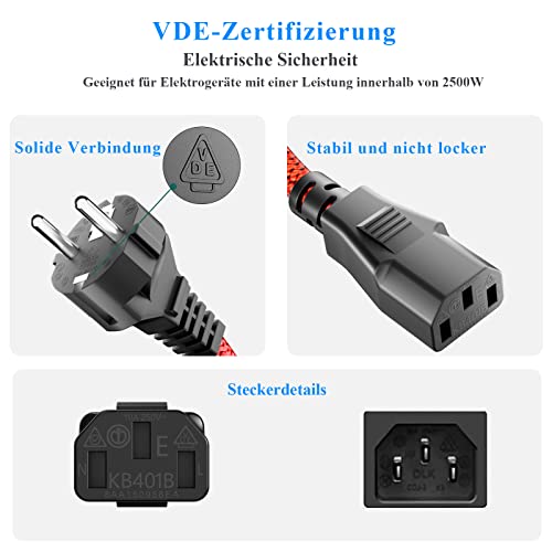 Przewód zasilający 3-biegunowy, kabel do urządzeń zimnych, 2 m, plecionka nylonowa, uniwersalny kabel zasilający (CEE 7/7 na IEC60320 C13), wtyczka do urządzeń zimnych, prosta z VDE do monitorów