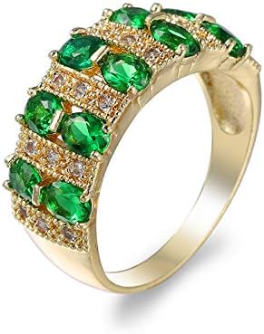 Fashion Oval Green Paveing Cubic Zircon Emerald Ring,18K Yellow Gold Plated Half Eternity Ring Wedding CZ Bands for Women(9)