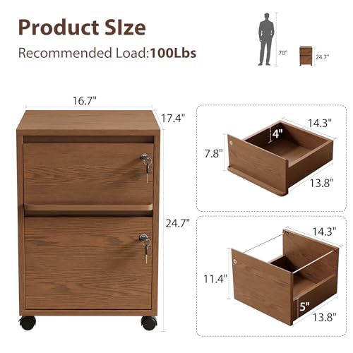 Image of KungFuWood Wheeled Double-Drawer Filing Cabinet, Lockable Mobile File cabinets, Suitable for Home Offices or Storage cupboards for Storing Legal documents or Letter-Sized Files.