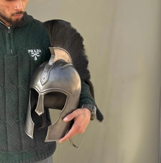 Medieval Steel Corinthian Helmet with Black Plume 18 Gauge | Wearable Knight Armor, LARP & Reenactment, Includes Display Stand, Full Head Coverage, Antique Finish