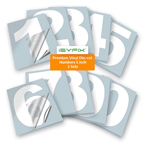 iSYFIX White Vinyl Numbers Stickers – 5 Inch Self Adhesive (2 Sets)- Premium Decal Die Cut and Pre-Spaced for Mailbox, Signs, Window, Door, Cars, Trucks, Homes, Address Numbers, Indoor or Outdoor by iSYFIX - Used condition - US$16.45