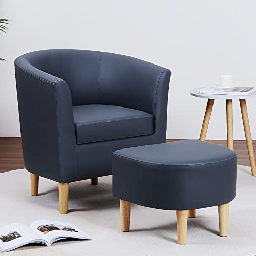 DAZONE Navy Blue Faux Leather Barrel Chair