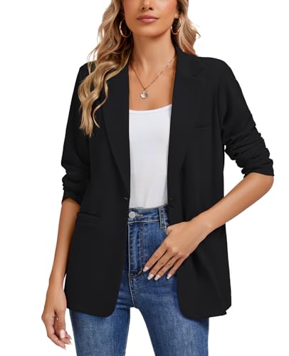 MINTLIMIT Women Long Sleeve Blazer Lightweight Open Front Business Jacket Blazer Notched Collar Slim Work Office Coat with Pockets (Black, Size S)