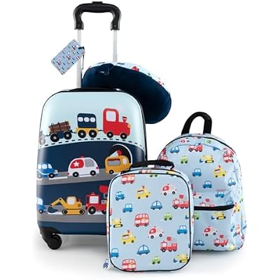 BABY JOY Kids Luggage, 5 Pieces Luggage Set w/ 16 Carry-on Hardshell Spinner Toddler Suitcase, 13 Backpack, Neck Pillow & Insulated Lunch Bag, Travel Kids Rolling Suitcase for Girls Boys (Blue Car)