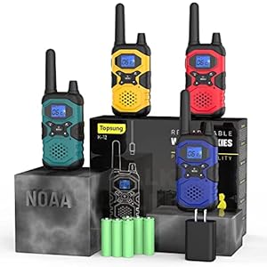 Topsung Walkie Talkies 4 Pack Long Range Walkie Talkies for Adults Rechargeable – Long Distance 2 Way Radios Walkie Talkies with Earpiece and Mic Set NOAA USB Charger 4500mAh Super Power Battery Pouch