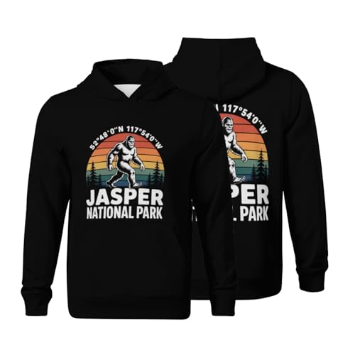 Kids Vintage Jasper National Park Bigfoot with GPS Location Boys Girls Lightweight Kangaroo Pocket Fleece Hoodies
