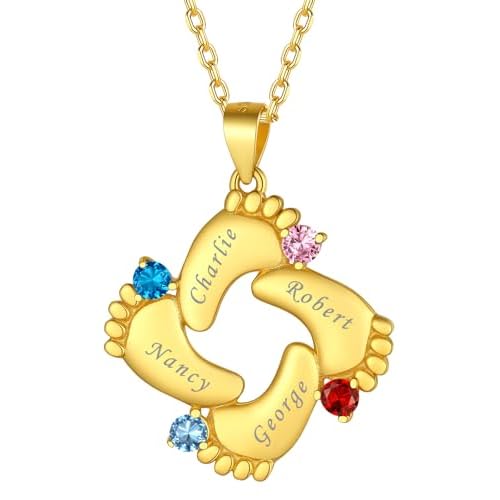 FindChic Custom Baby Feet Necklaces with 1/2/3/4/5 Names Birthstones Personalized New Mom Gift 925 Sterling Silver/Stainless Steel Metal Family Jewelr