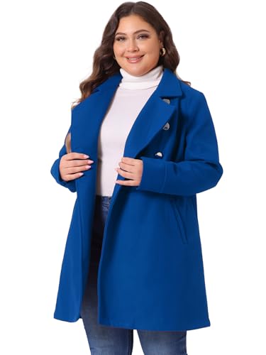 Agnes Orinda Womens Plus Size A Line Turn Down Collar Double Breasted Coat 3X Royal Blue