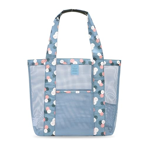 Disnace Bolsa de Playa Grande para Mujer con Múltiples Bolsillos, Malla Transpirable Plegable, Bolsa Juguetes Viaje, Lavable Arena Plegable para Viajes Piscina Compras Camping Familia (Azul)