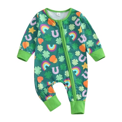 Newborn Baby Girl Boy St. Patricks Day Outfit Four Leaf Clover Romper Green Long Sleeve Bodysuit Jumpsuit