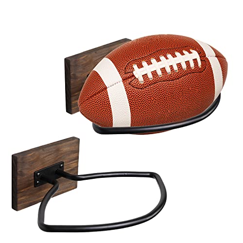 MyGift Wall Mount Football Display Rack, Wood & Metal Ball Holder Set