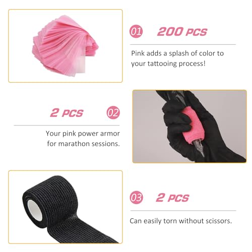 Narkysus Tattoo Machine Covers with Gun Wraps - 200Pcs Pink Machine Sleeves and 4Pcs Grip Tape (2 Black/2 Pink) 2.5"x7.1" Large Pen Bags for Women and Studio Use Tattoo Supplies - Thumbnail 4