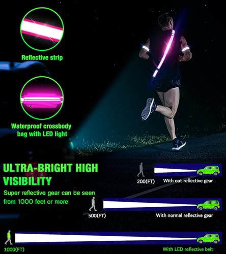 LED Belt Reflective Sash for Walking at Night,High Visibility Adjustable Night Running Safety Gear,Light Up Running Belt Reflective Gear with Phone Bag/Armband for Runners Walkers Men Women (Pink) - Image 2