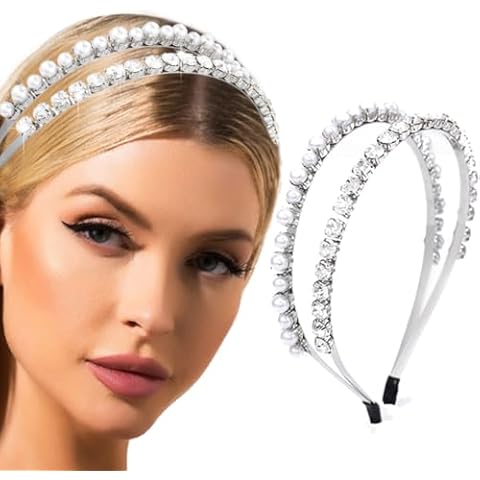 Haomye Pearl Crystal Headband for Women White Double Headbands Silver Rhinestone Hairband Boho Accessories for Wedding Cover