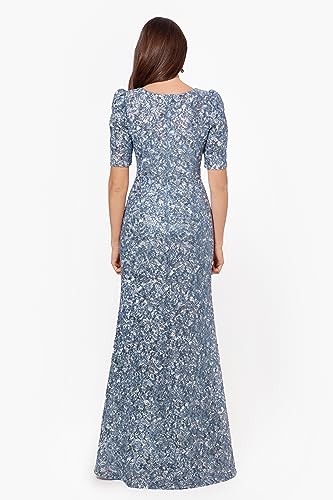 Image of Xscape Women's Long Lace Sequin Side Ruched Dress (Reg and Petite), Blue /Silver, 10P