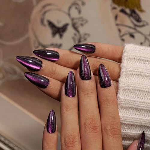 KQueenest Cat Eye Press On Nails Almond, 30 Pcs Glitter Black Purple Press On Nails Medium, Dark Sparkly Fake Nails With Glue, Reusable Chrome Glue on Nails Press ons for Women, Goth Style