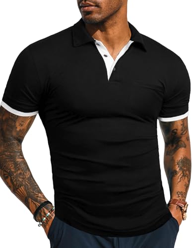 KUYIGO Men's Short Sleeve Polo Shirts Casual Slim Fit Pocket Cotton Collared Shirt Large Black