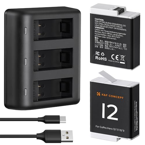 K&F Concept Gopro Hero 12 Battery 2-Pack Enduro Battery and 3-Channel Fast Battery Charger for Gopro Hero 12 11 10 9 Black 1730mAh