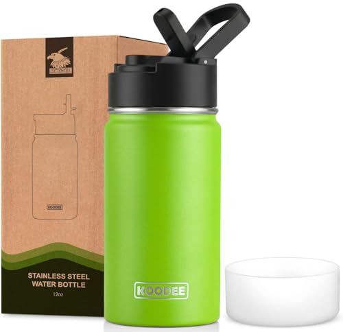 Image of koodee Small Water Bottle with Straw-12 oz Stainless Steel Double Wall Vacuum Insulated Water Bottle for School - Leakproof and BPA Free(Apple Green)