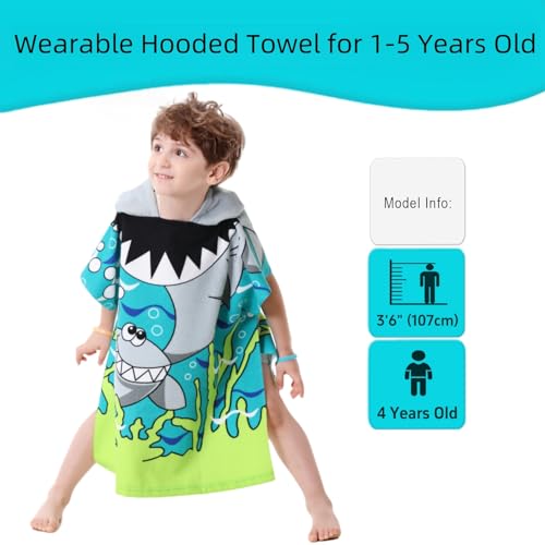 Image of Wearable Hooded Towel for Kids Toddlers Bath Pool Beach Boy Girl Swim Poncho Cover-ups, Shark Theme with Bag