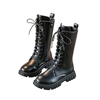 wuayi Girls Lace Up Riding Boots Mid Calf Combat Boots Fashion Bow Knot PU Leather Side Zipper Punk Goth Boot for 4-12 Years