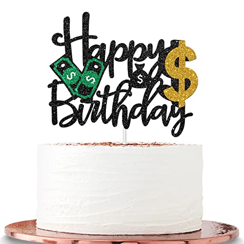 Halawawa Dollar Happy Birthday Cake Toppers, Money Cake Topper Decorations for Women Men Birthday Party, Dollar Theme Birthday Party Decor Supplies, Dollar Bill Sign Money Cake Decoration