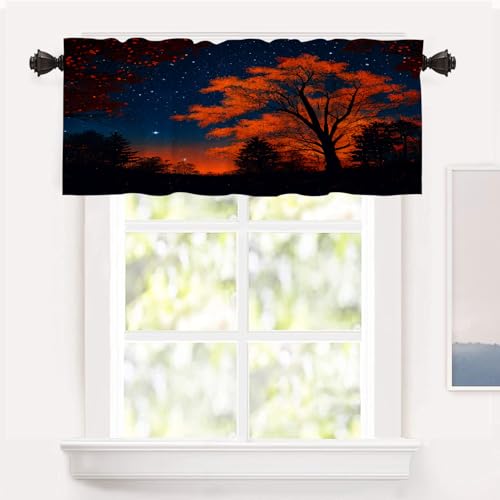 Shrahala Autumn Maple Forest Blackout Short Curtains for Windows, Starry Sky Red Leaves Sunset Glow Kitchen Valance Thermal Insulated Rod Pocket Window Treatment for Bathroom 52 X 18 in