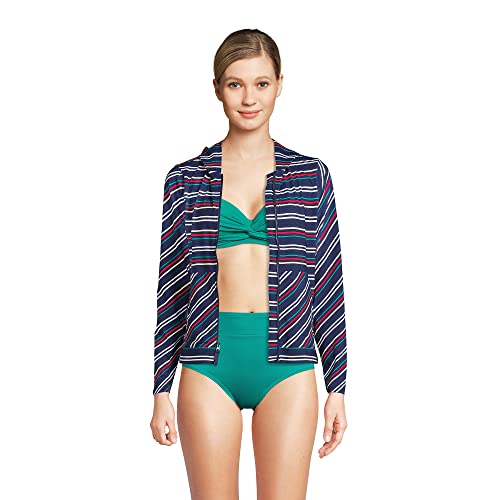 Lands' End Womens Hooded Zip Front Rash Guard Navy/Multi Harbor Stripe Regular X-Small #TOP4