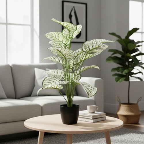 Image of Artificial White Dieffenbachia Plant with Black Pot - 65 cm Tall Faux Tropical Decorative Plant for Home, Office, Balcony & Living Room Decor