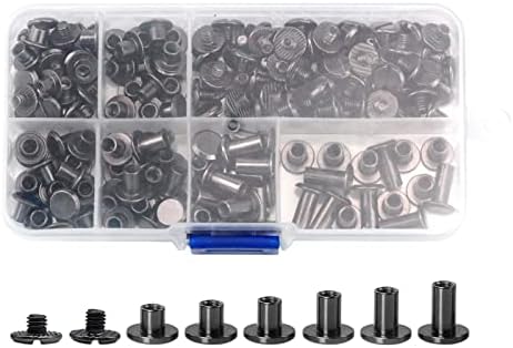 90 Sets Chicago Screws Assorted Kit, 6 Sizes of Round Flat Head Leather Rivets Metal Screw Studs for DIY Leather Craft and Bookbinding (M5 X 4, 5, 6, 8, 10, 12) (Black)