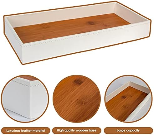 J JACKCUBE DESIGN Leather Bamboo Vanity Tray, Bathroom Organizer, Catch All Valet Tray for Women Perfume, Jewelry, Makeup, Candles, Key, Phone, Sunglasses (White)- MK205B